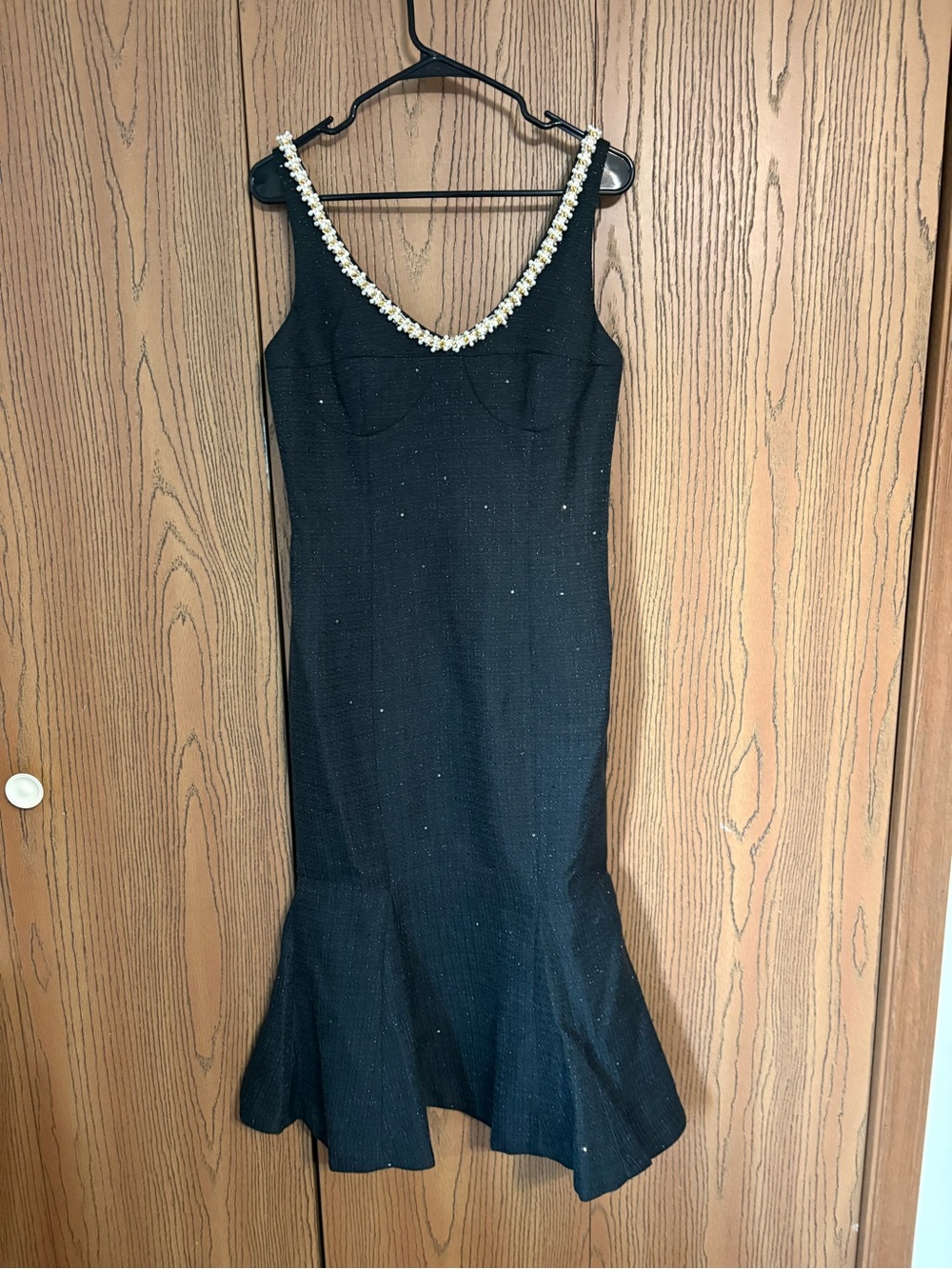 Vici Sparkly Black Dress with Gold and Pearl Detailing